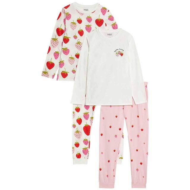 M&S 2 Pack Strawberry Pyjamas 7-12 Years Ivory GOODS M&S   