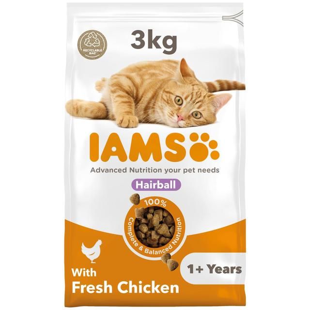 IAMS 1+ Years Hairball Dry Cat Food Chicken   3kg