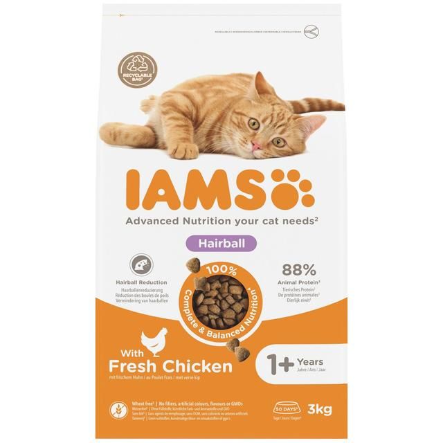 IAMS 1+ Years Hairball Dry Cat Food Chicken   3kg