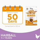 IAMS 1+ Years Hairball Dry Cat Food Chicken   3kg