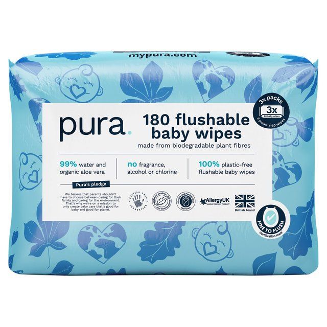 Pura Plastic Free Flushable Baby Wipes 3x60pk   180 per pack