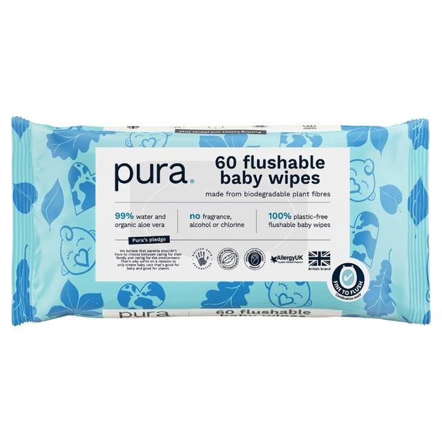 Pura Plastic Free Flushable Baby Wipes 3x60pk   180 per pack