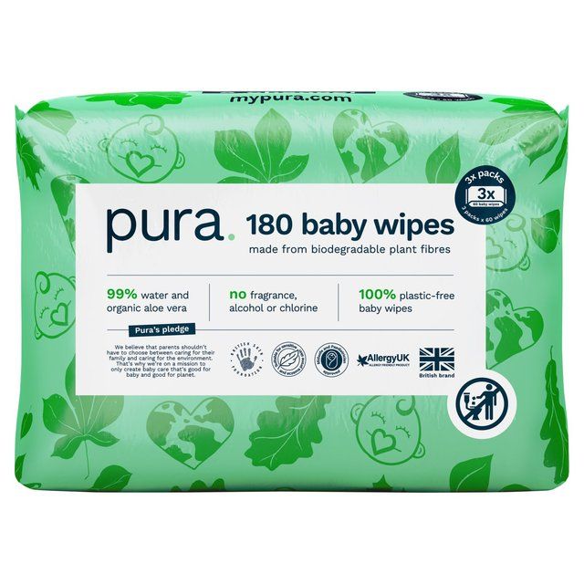 Pura Plastic Free Baby Wipes 3x60pk   180 per pack