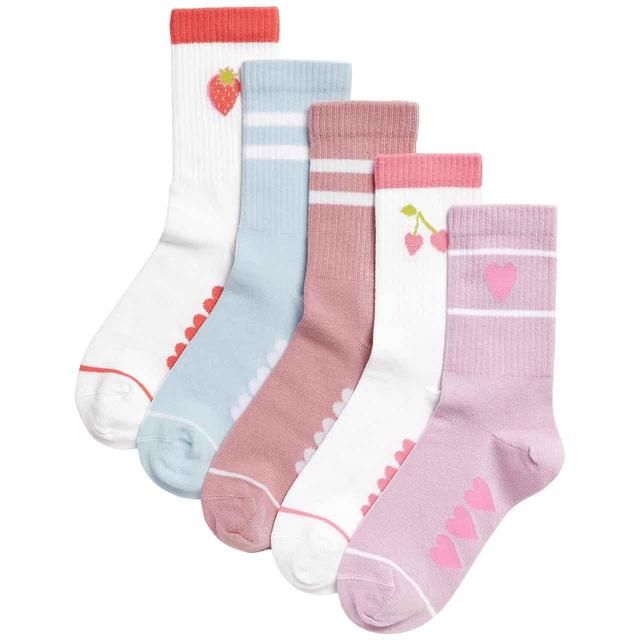 M&S Girls Cotton Rich Ribbed Striped Heart Socks 6 Small-7 Large 5 Pack GOODS M&S   