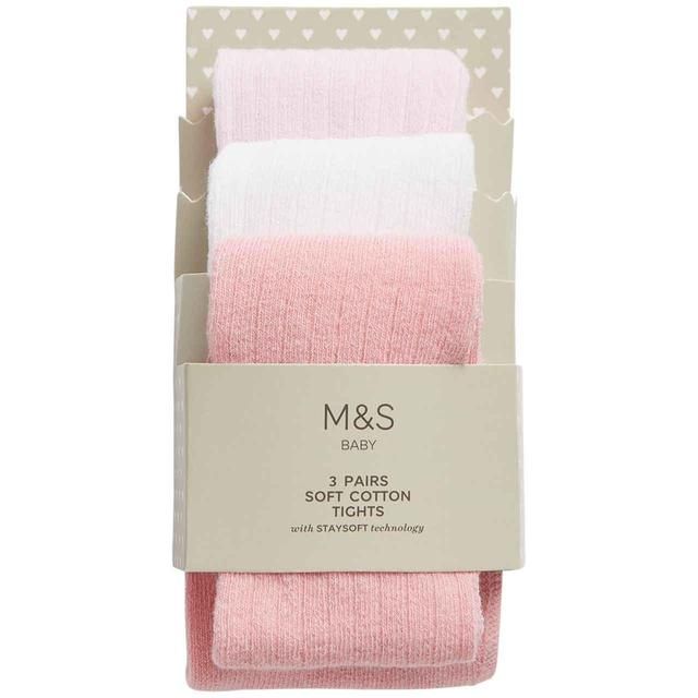 M&S Girls Cotton Rich Ribbed Tights 0-18 Months Light Pink 3 Pack GOODS M&S   