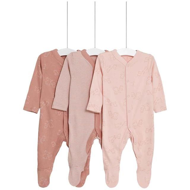 M&S Girls Cotton Bunny & Striped Sleepsuits NB- 3 Years Pink 3 Pack