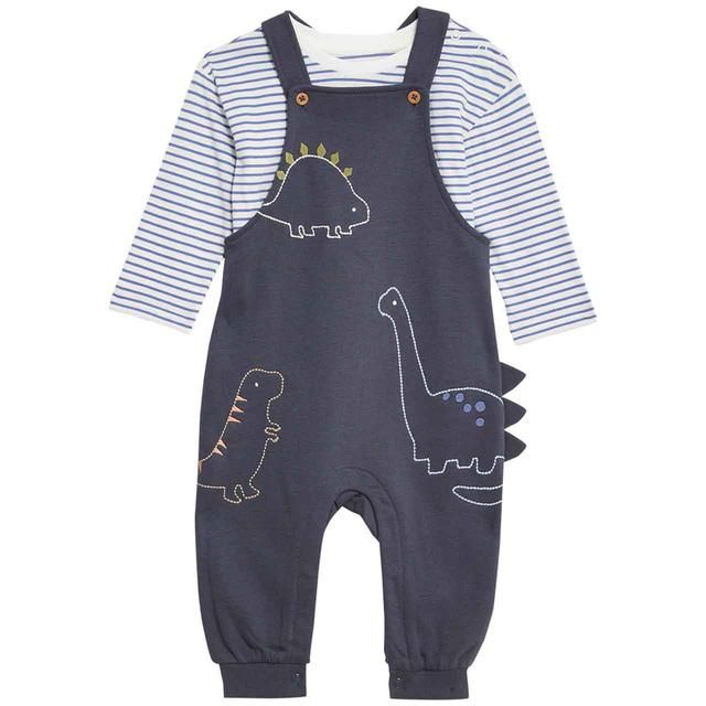 M&S Cotton Rich Dinosaur Dungaree 0 Months-3 Years Charcoal Mix