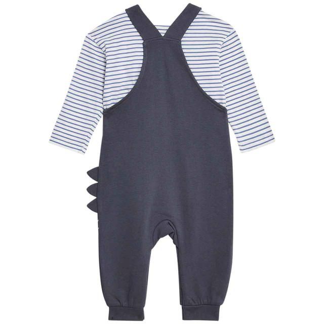 M&S Cotton Rich Dinosaur Dungaree 0 Months-3 Years Charcoal Mix