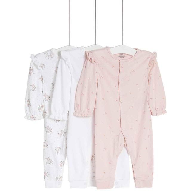 M&S Ditsy Frill Footless Sleepsuits Newborn-3 Years Pink 3 Pack