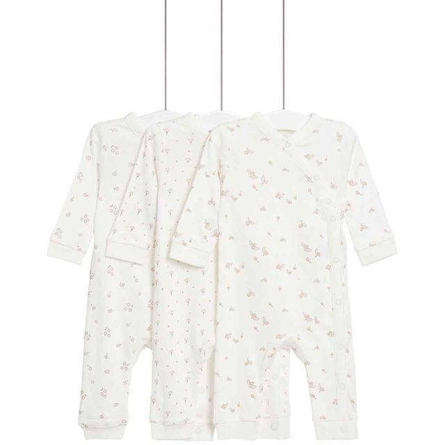 M&S Pure Cotton Floral Sleepsuits 3 Pack Newborn-3 Years Cream Mix