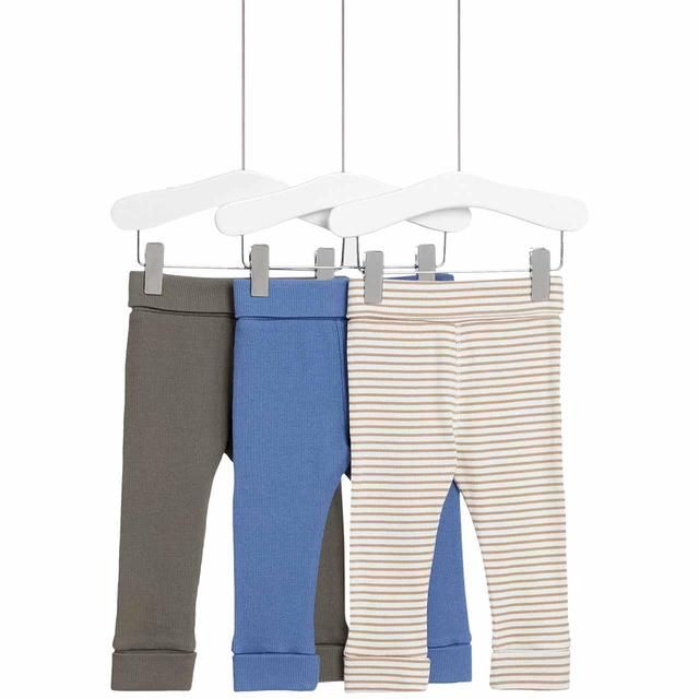 M&S Plain & Striped Leggings 3 Pack 0 Months-3 Years Blue