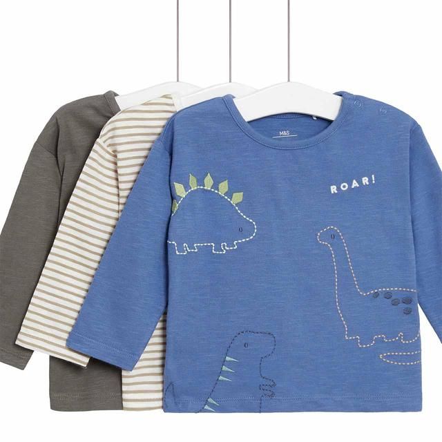 M&S Dinosaur & Striped Long Sleeve Tops 3 Pack 0 Months-3 Years Blue GOODS M&S   