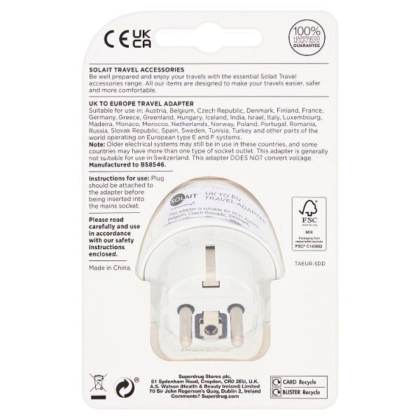 Solait UK to EU Travel Adaptor Single Pack