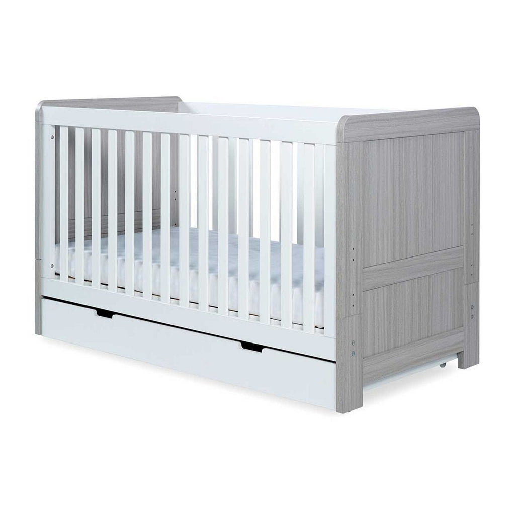 Ickle Bubba Pembrey Cot Bed, Under Drawer and Deluxe Mattress - Ash Grey and White