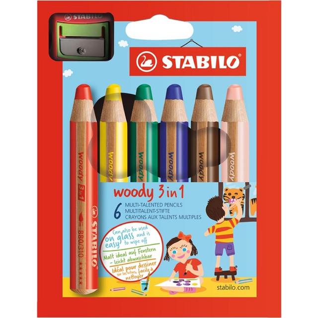 STABILO woody 3 in 1 colouring pencils wallet of 6 colours + sharpener    6 per pack GOODS M&S   