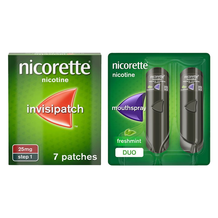 Nicorette Invisi 25mg Patch 7 pack & QuickMist 1mg/spray Mouthspray Freshmint 2 x 150 sprays Bundle GOODS ASDA   