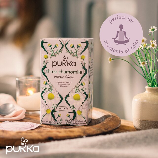 Pukka Organic Three Chamomile Tea 20 Home Compostable Herbal Tea Bags   20 per pack