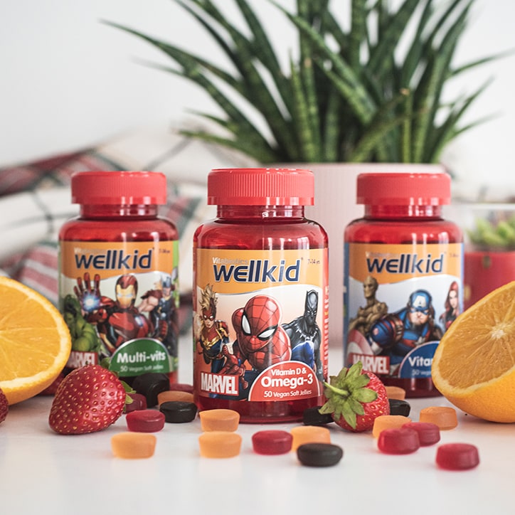 Vitabiotics Wellkid Marvel Vitamin D 7-14 years 50 Vegan Soft Jellies GOODS Holland&Barrett   