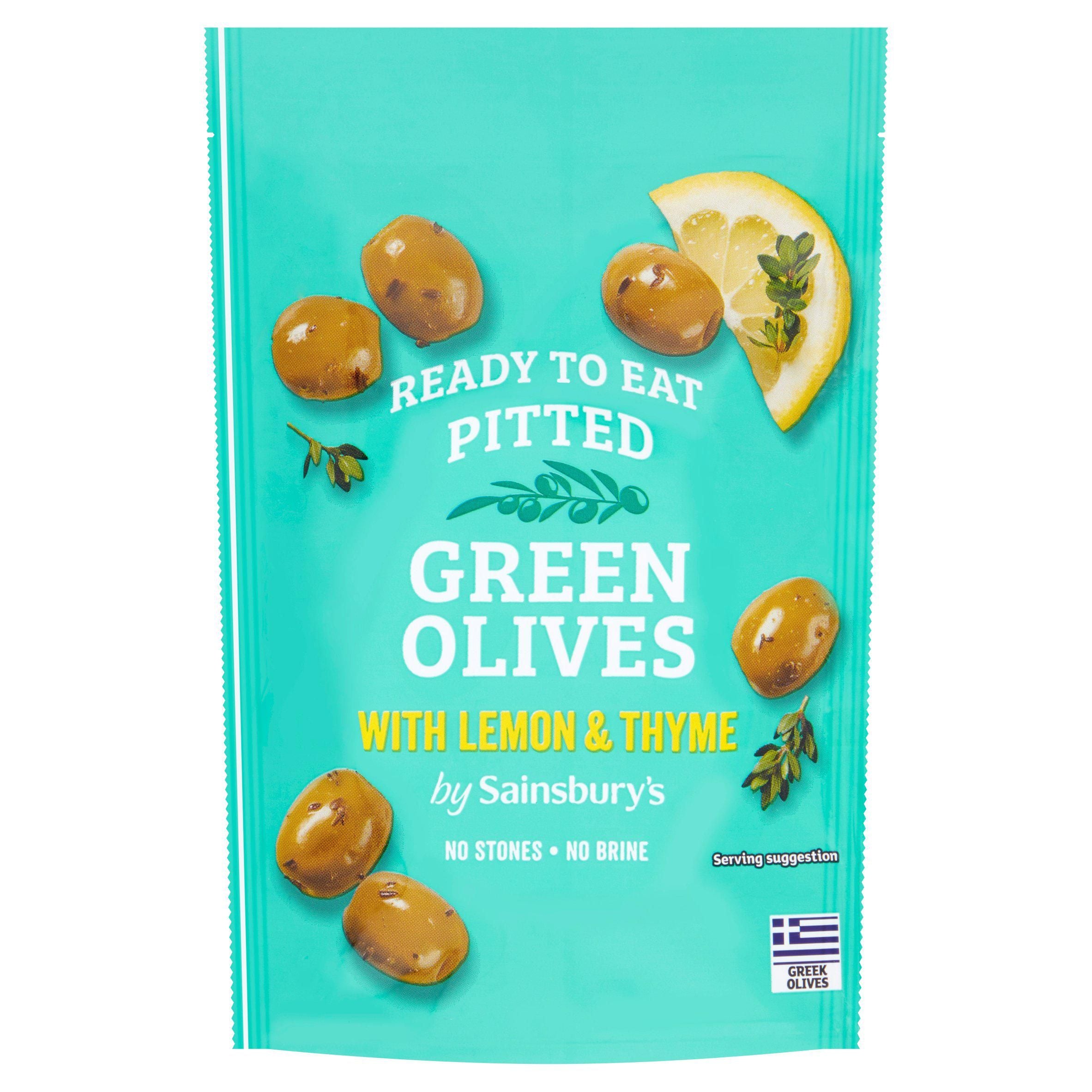 Sainsbury's Pitted Green Olives with Lemon & Thyme 70g Olives & antipasti Sainsburys   