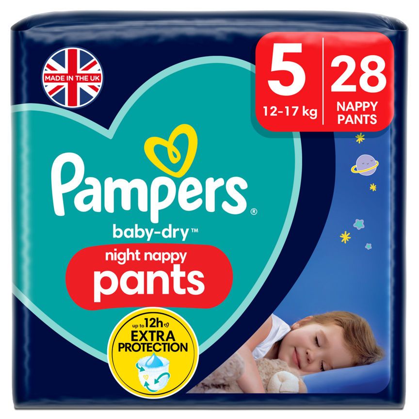 Pampers Baby-Dry Night Nappy Pants Size 5, 28 Night Nappies, Essential Pack