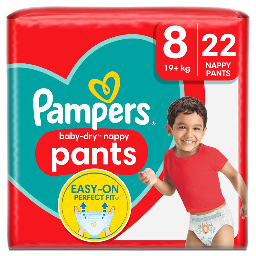 Pampers Baby-Dry Nappy Pants Size 8, 22 Nappies, 19kg+, Essential Pack