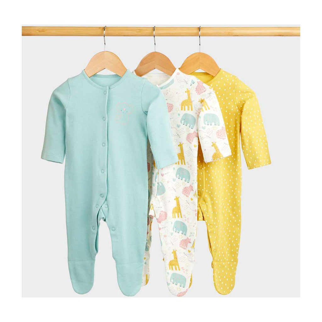 Mothercare Safari Baby Sleepsuits - 3 Pack