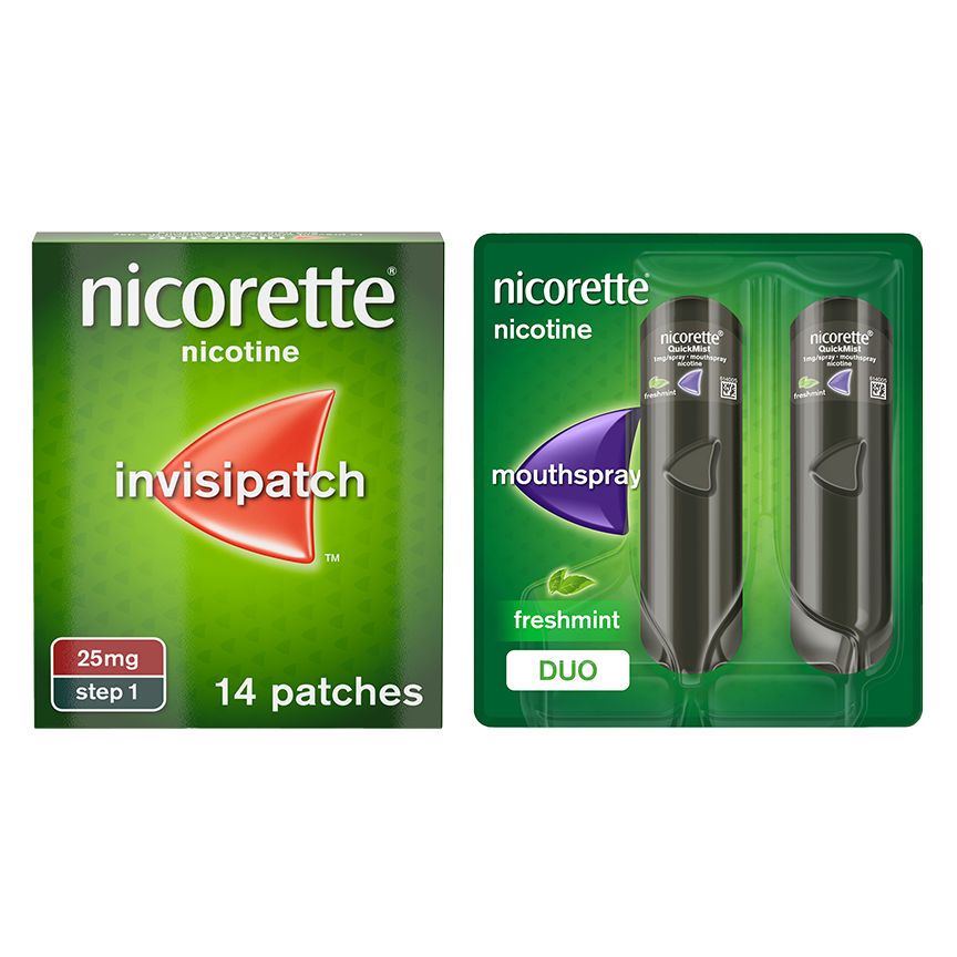 Nicorette Invisi 25mg Patch 14 pack & QuickMist 1mg/spray Mouthspray Freshmint 2 x 150 sprays Bundle