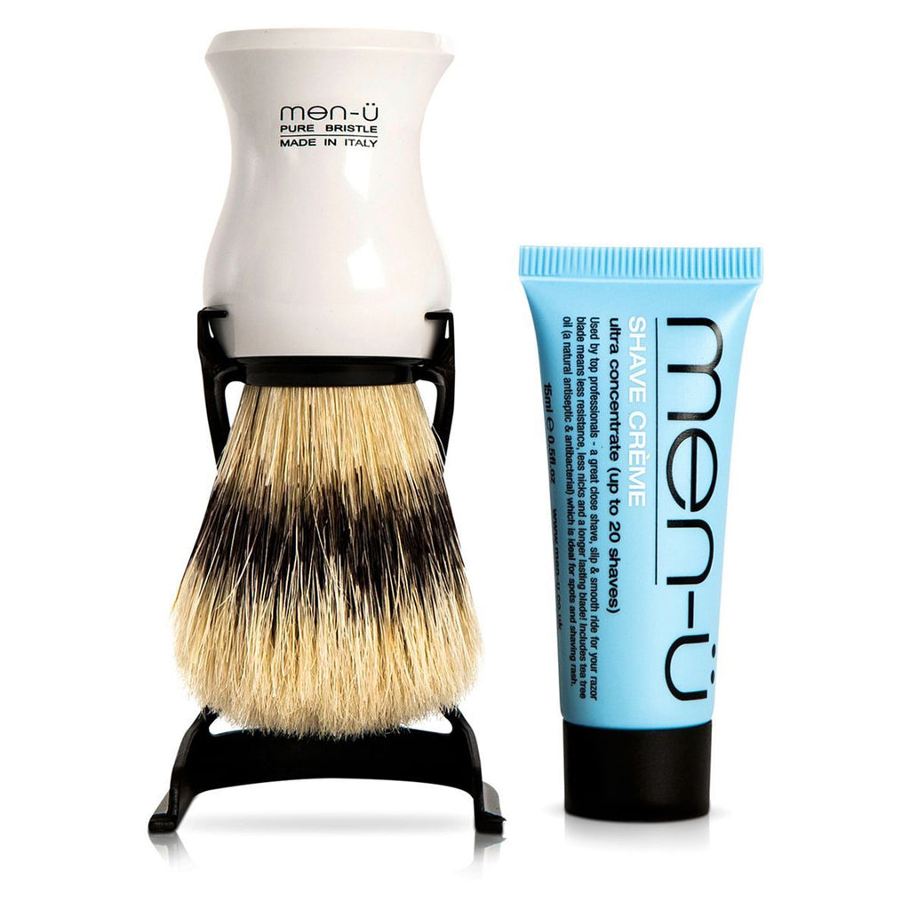 men-ü White Barbier62e Pure Bristle Shaving Brush with stand & free 15ml shave crème buddy