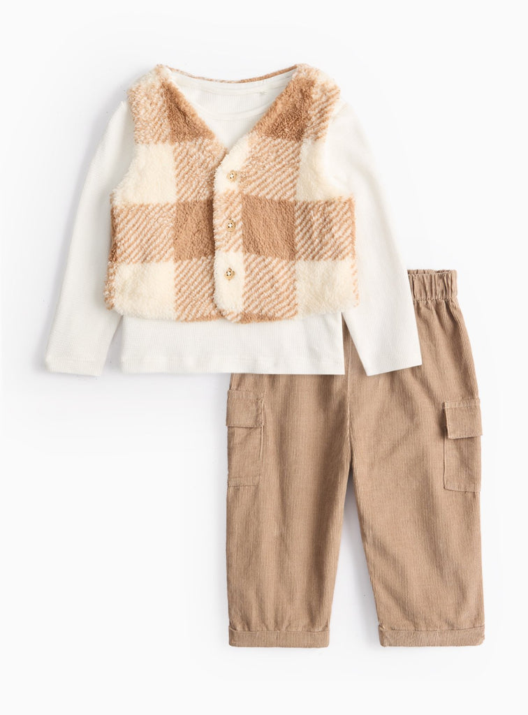 Tan Check Borg Gilet & Trouser Set 3-6 months