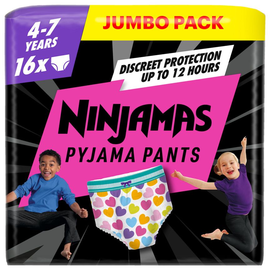 Pampers Ninjamas Pyjama Pants Unisex Hearts, 4 - 7 Years, 16 Pyjama Pants, 17kg - 30kg,