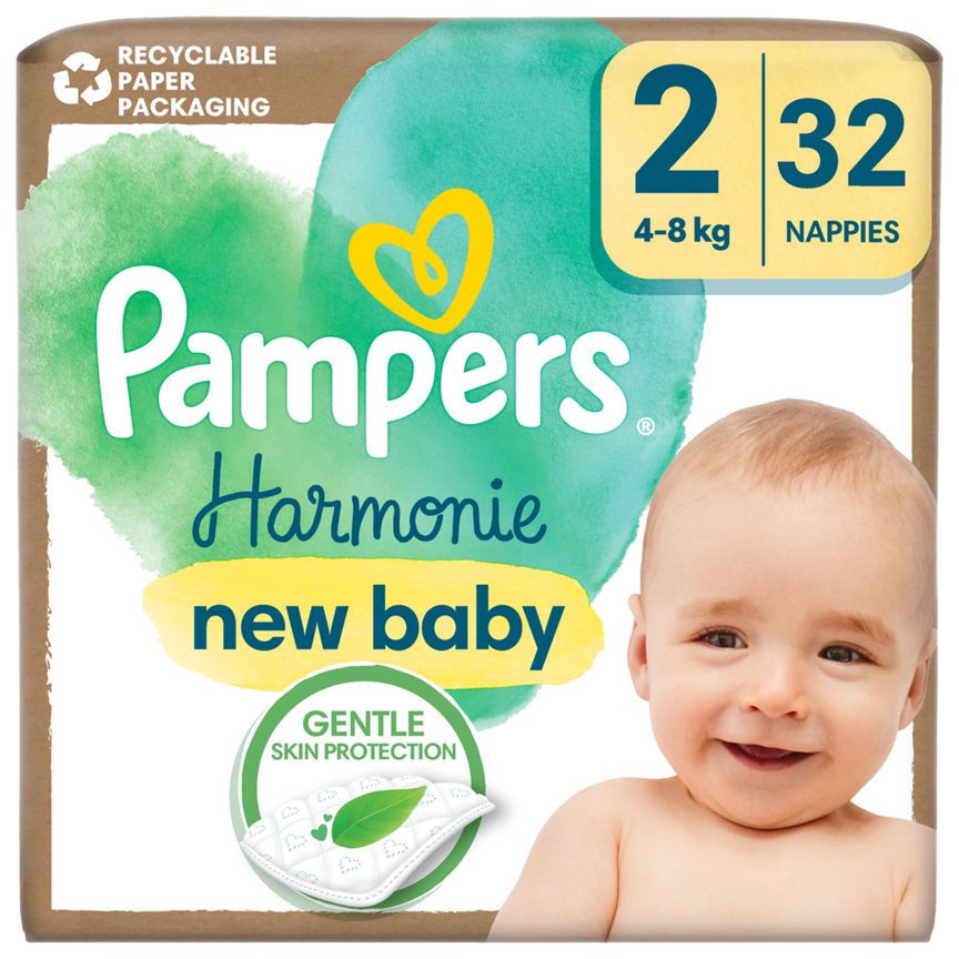 Pampers Harmonie New Baby Nappies Size 2, 32 Nappies, 4kg-8kg, Essential Pack