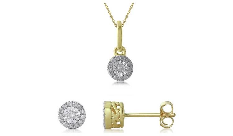 Revere 9ct Gold 0.15ct Diamond Earring and Pendant Set