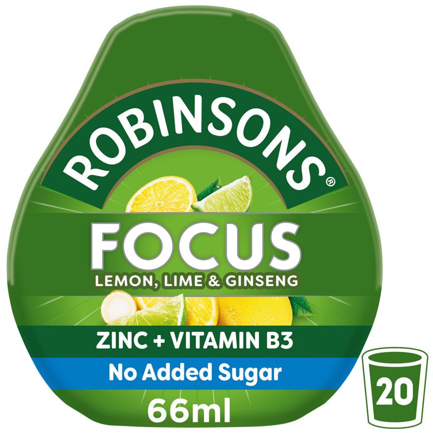 Robinsons Focus No Added Sugar Lemon, Lime & Ginseng with vitamin B3 & Zinc