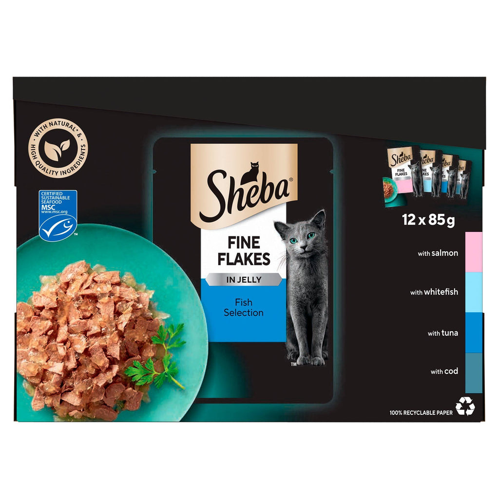 Sheba Fine Flakes Cat Food Pouches Fish in Jelly 12 x 85g