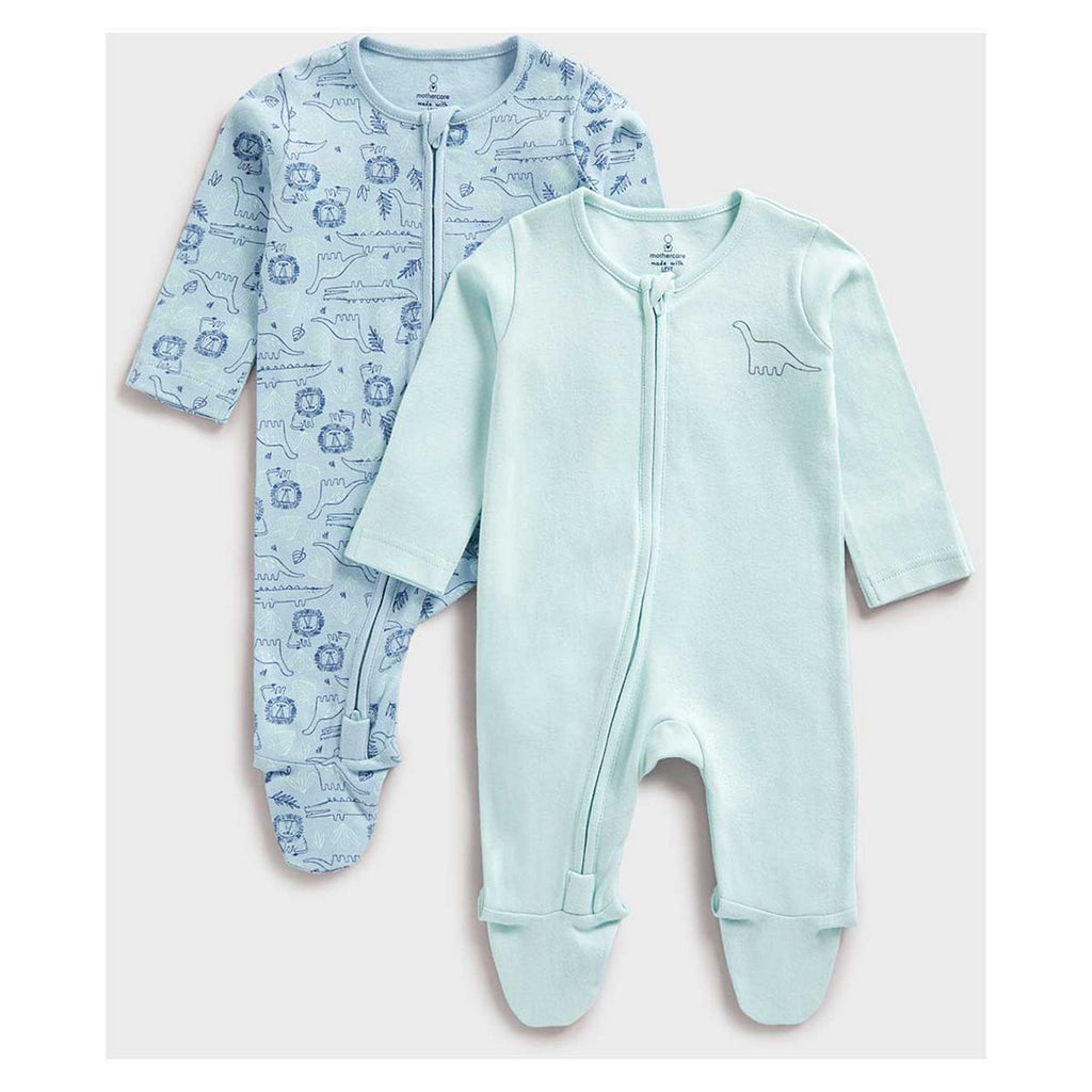 Mothercare Safari Zip-Up Baby Sleepsuits - 2 Pack