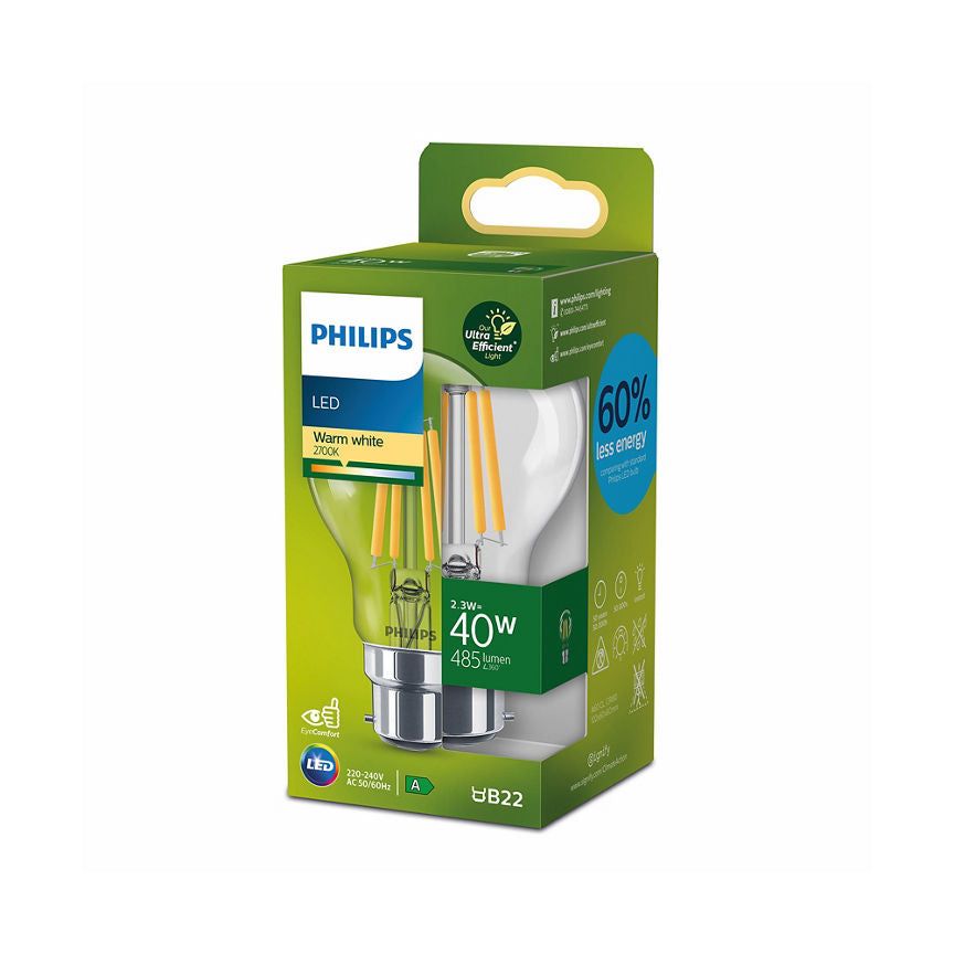 Philips LED Ultra Efficient 40W A60 B22 Clear Light Bulb