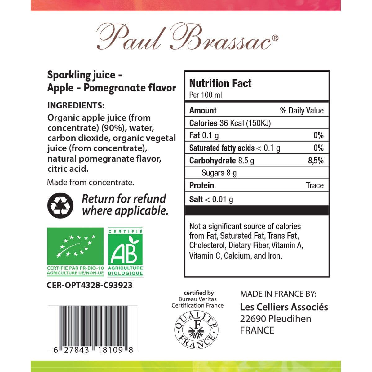 Paul Brassac Organic Sparkling Fruit Juice, 3 x 750ml GOODS Costco UK