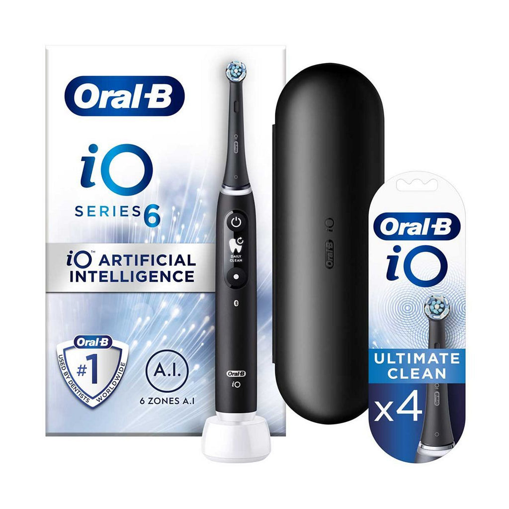 Oral-B iO6 Electric Toothbrush - Black Lava + iO™ Ultimate Clean Black Replacement Electric Toothbrush Heads 4 Pack Bundle