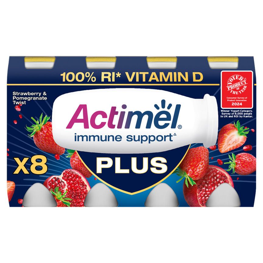 Actimel Plus Strawberry & Pomegranate Twist Yogurt Drink 8 x 100g