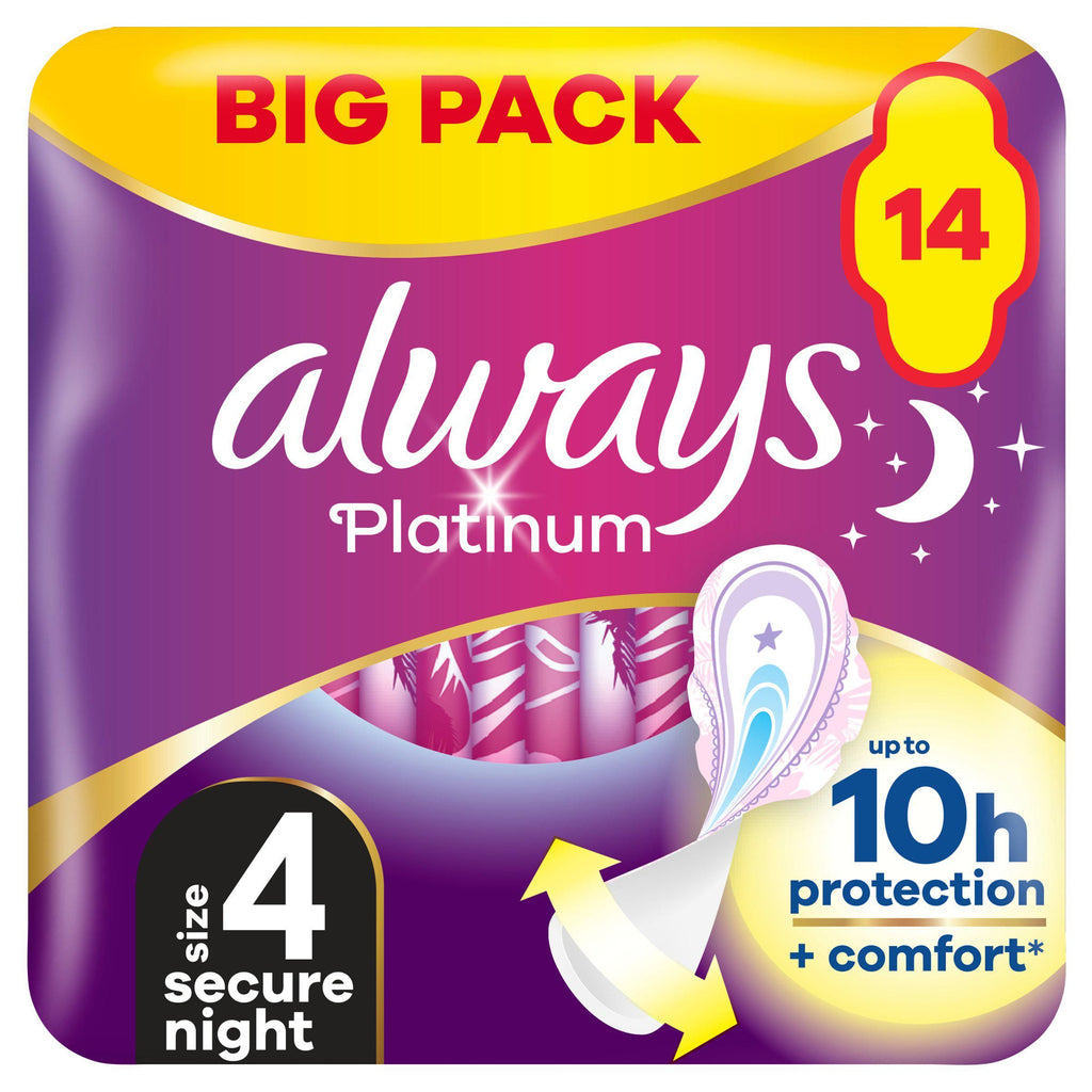 Always Platinum Secure Night Pads Wings Sanitary Towels, Size 4 x14