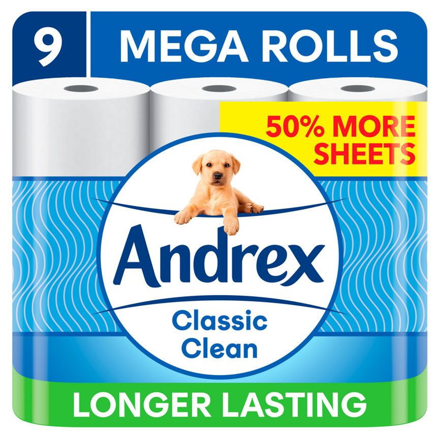 Andrex Classic Clean 9 Mega Toilet Rolls, 50% More Sheets Per Roll