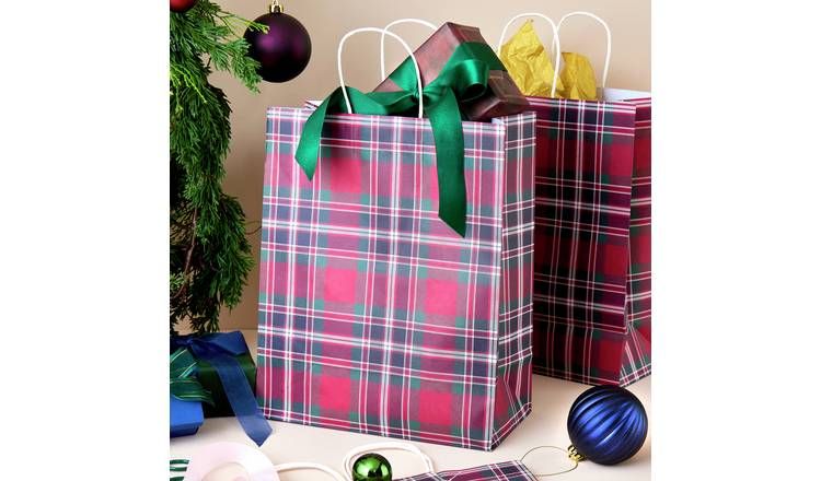 Argos Home Large Tartan Christmas Gift Bags - 4 Pack