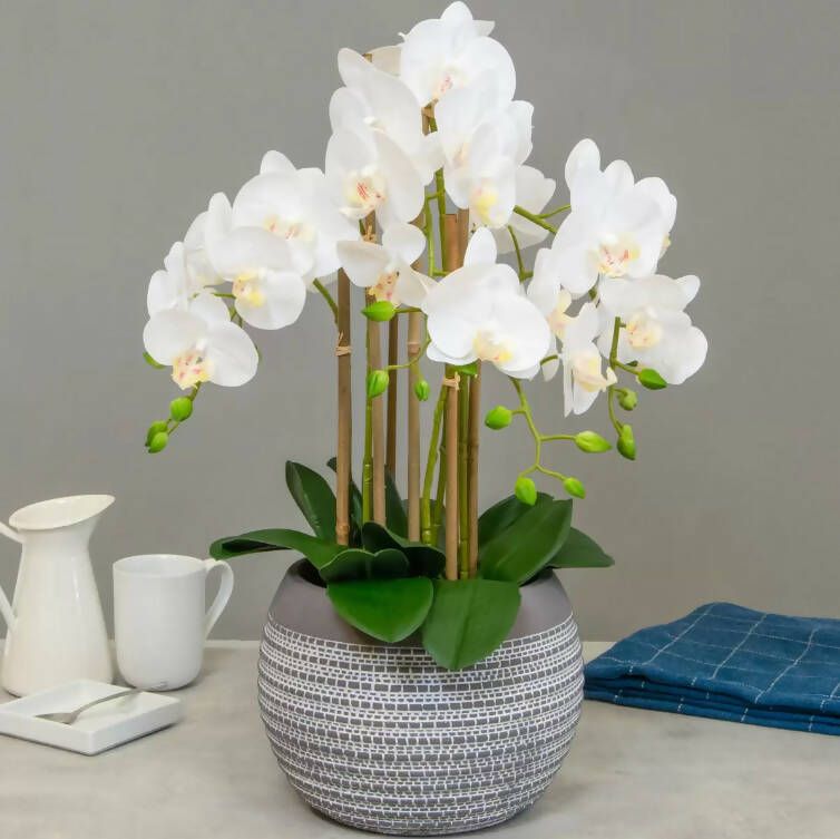 Artificial Large White Orchid in Ceramic Pot