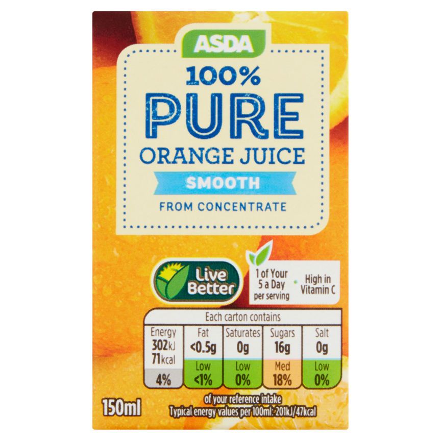 ASDA 100% Pure Orange Juice Smooth From Concentrate Cartons