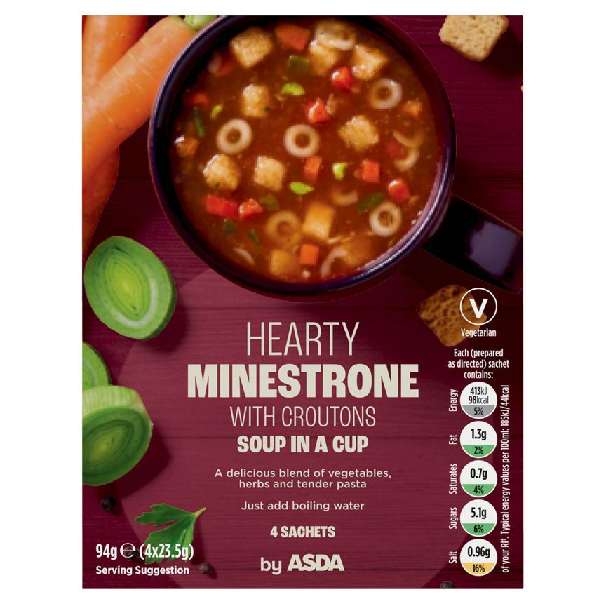 ASDA Hearty Minestrone with Croutons Soup in a Cup 4x23.5g (94g)