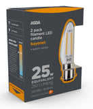 ASDA LED Filament Candle 25W Large Bayonet Clear Lightbulb