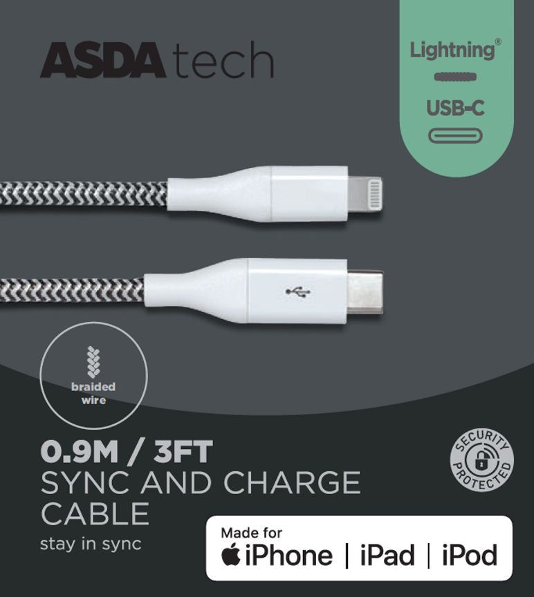ASDA Tech Lighting to USB-C Cable - White 0.9m - McGrocer