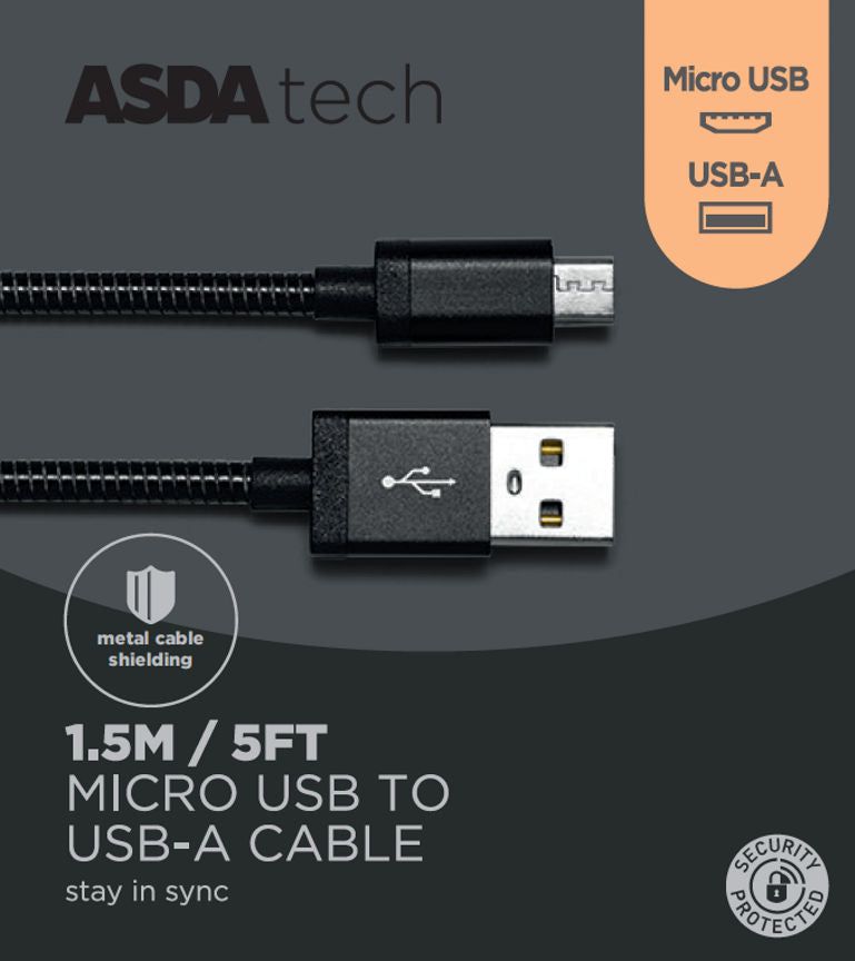 ASDA Tech Micro USB Cable - Metal Black 1.5m