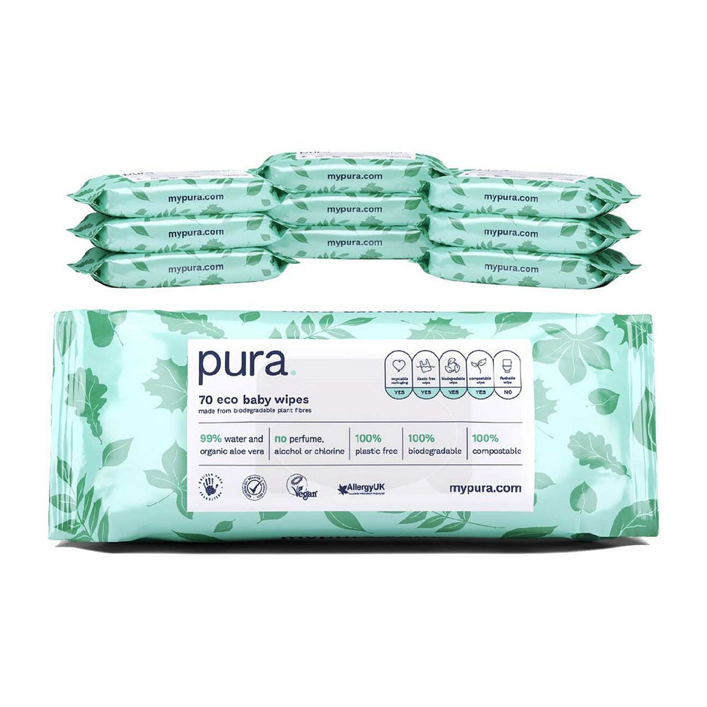 Pura 100% plastic free biodegradable baby wipes 70pk x 10