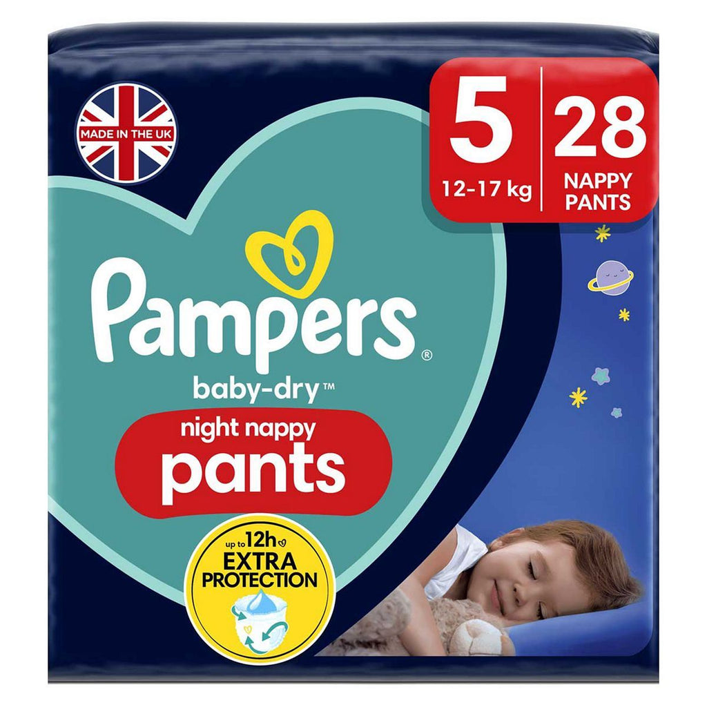 Pampers Baby-Dry Night Nappy Pants Size 5, 28 Night Nappies, 12kg-17kg, Essential Pack